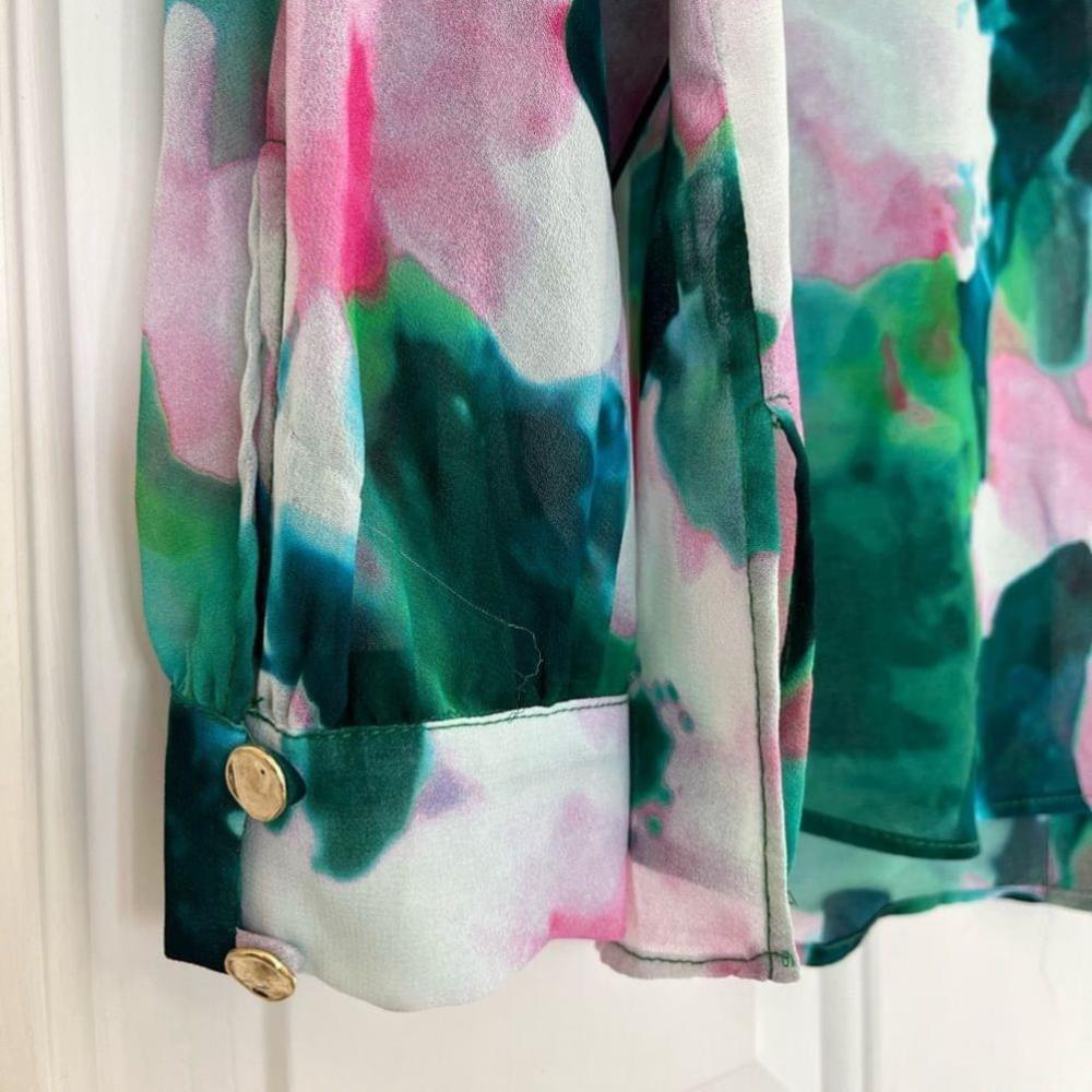 SOLD Zara Flowing Green Pink Floral Sheer Long Sleeve Blouse Small - Picture 16 of 16